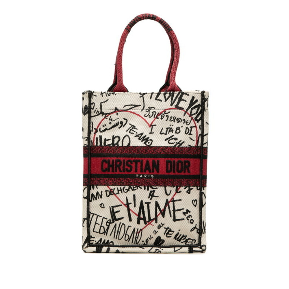Christian Dior Dior Book Tote Vertical Bag Handbag White Black Red Canvas Wom...